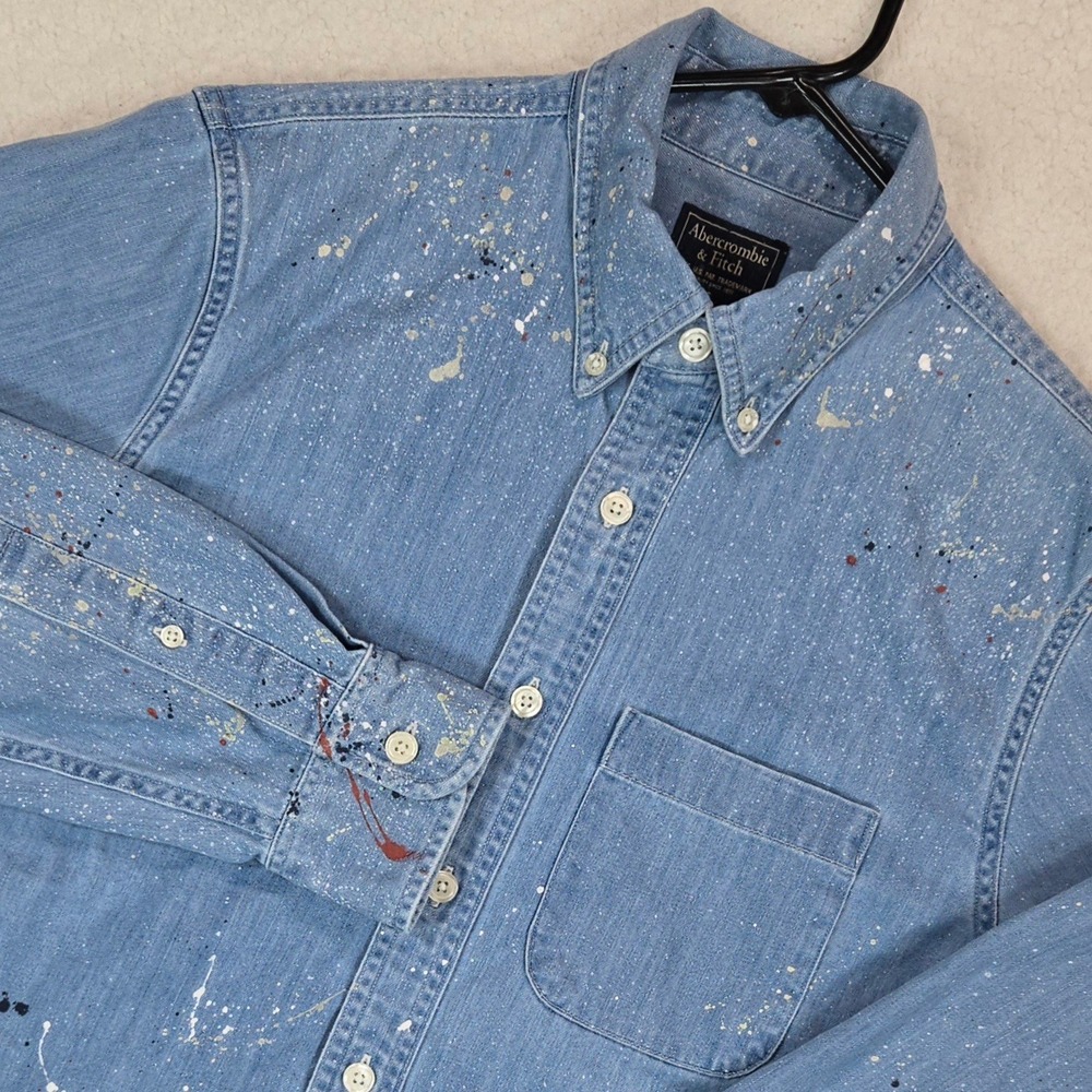 Abercrombie & Fitch Denim Shirt Mens S Blue Paint Splatter Artisan Grunge Button